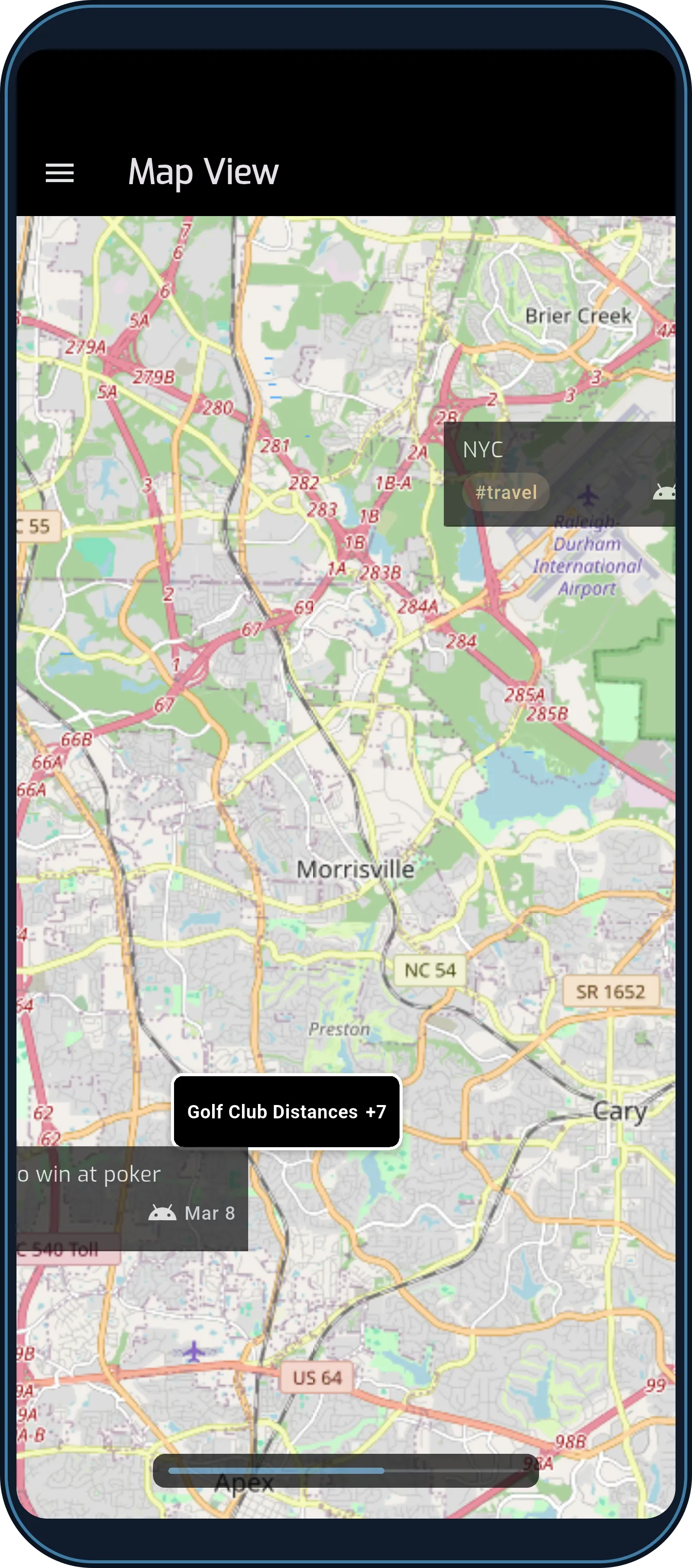 MemNote map view in dark mode showing several notes pinned at distinct locations across a city.