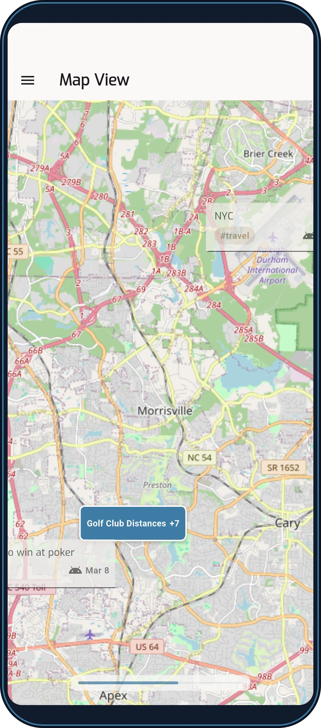 MemNote map view showing several notes pinned at distinct locations across a city.