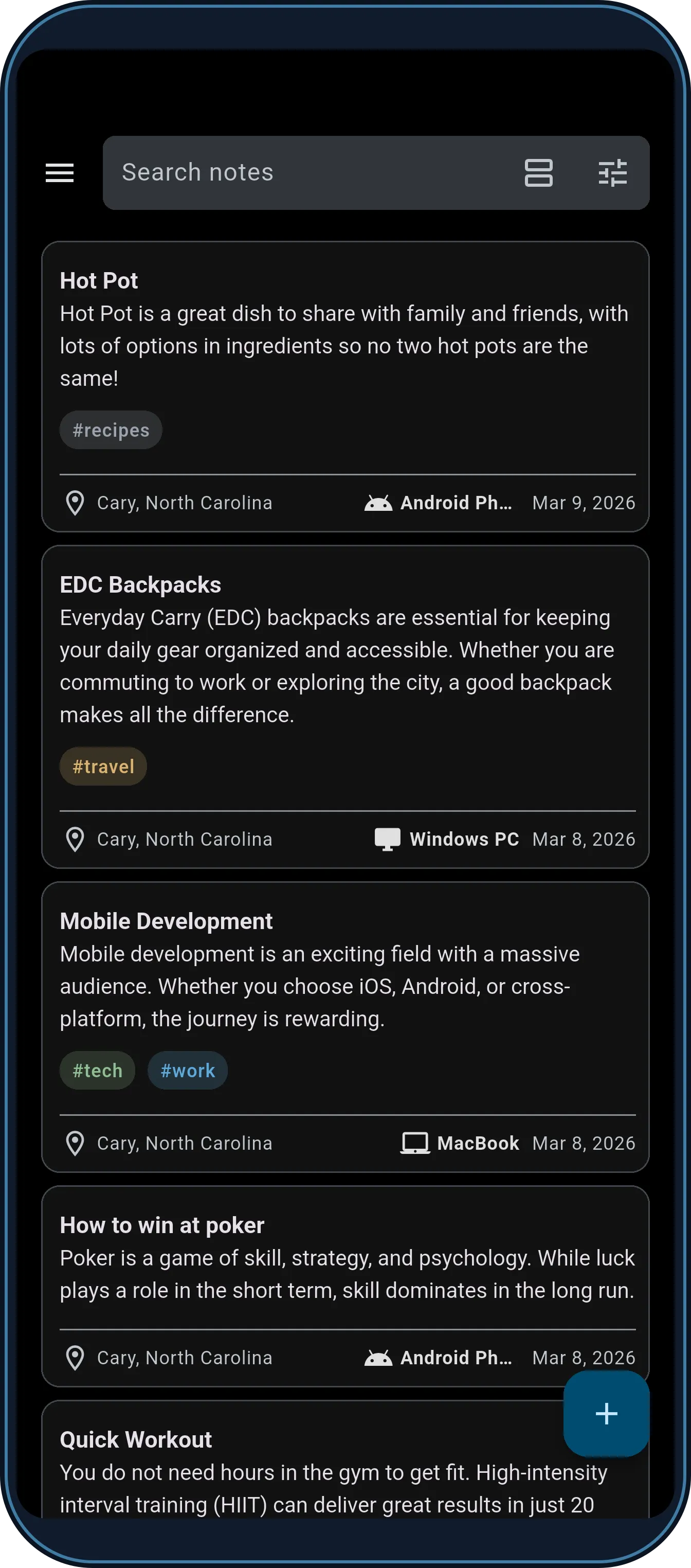 A MemNote note in dark mode showing its captured-context chip with location, time, and device.
