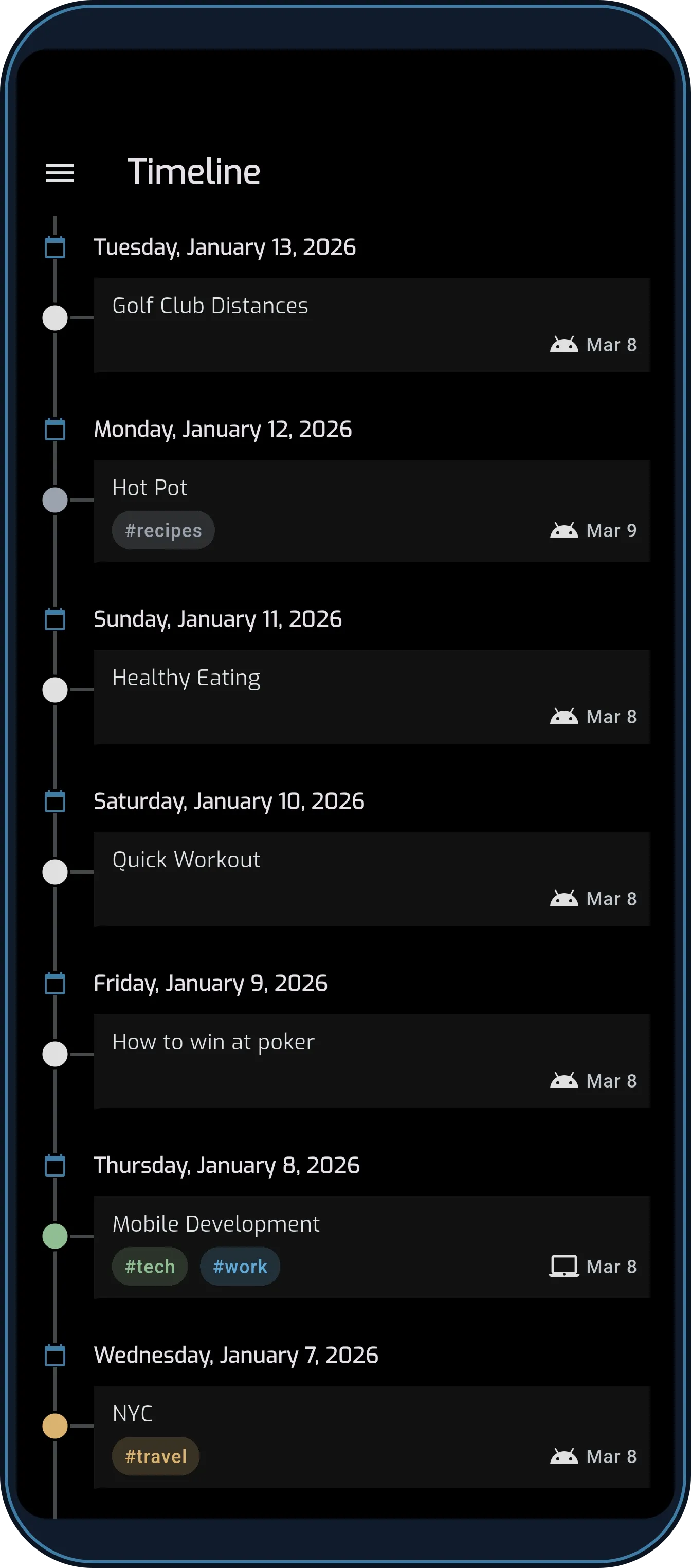 MemNote timeline view in dark mode showing notes laid out chronologically across the past week.