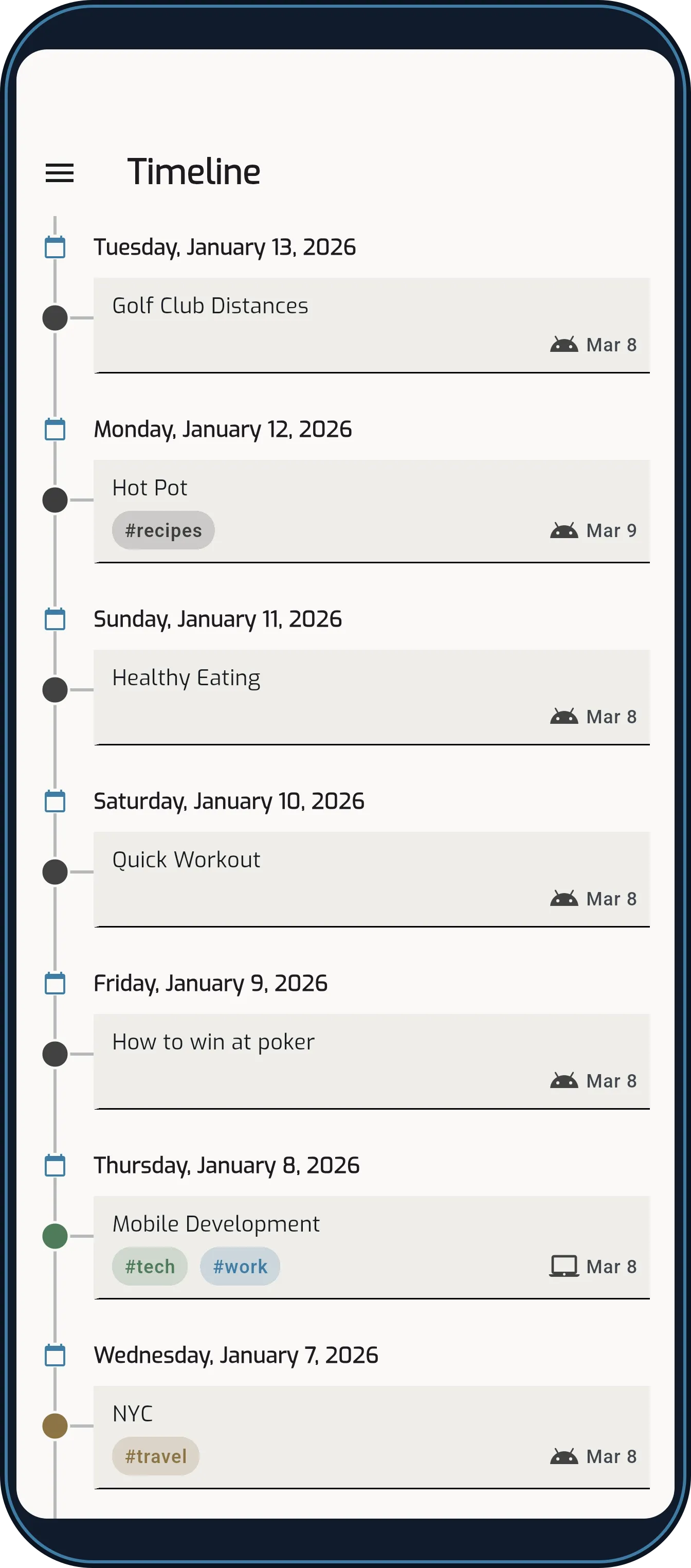MemNote timeline view showing notes laid out chronologically across the past week.